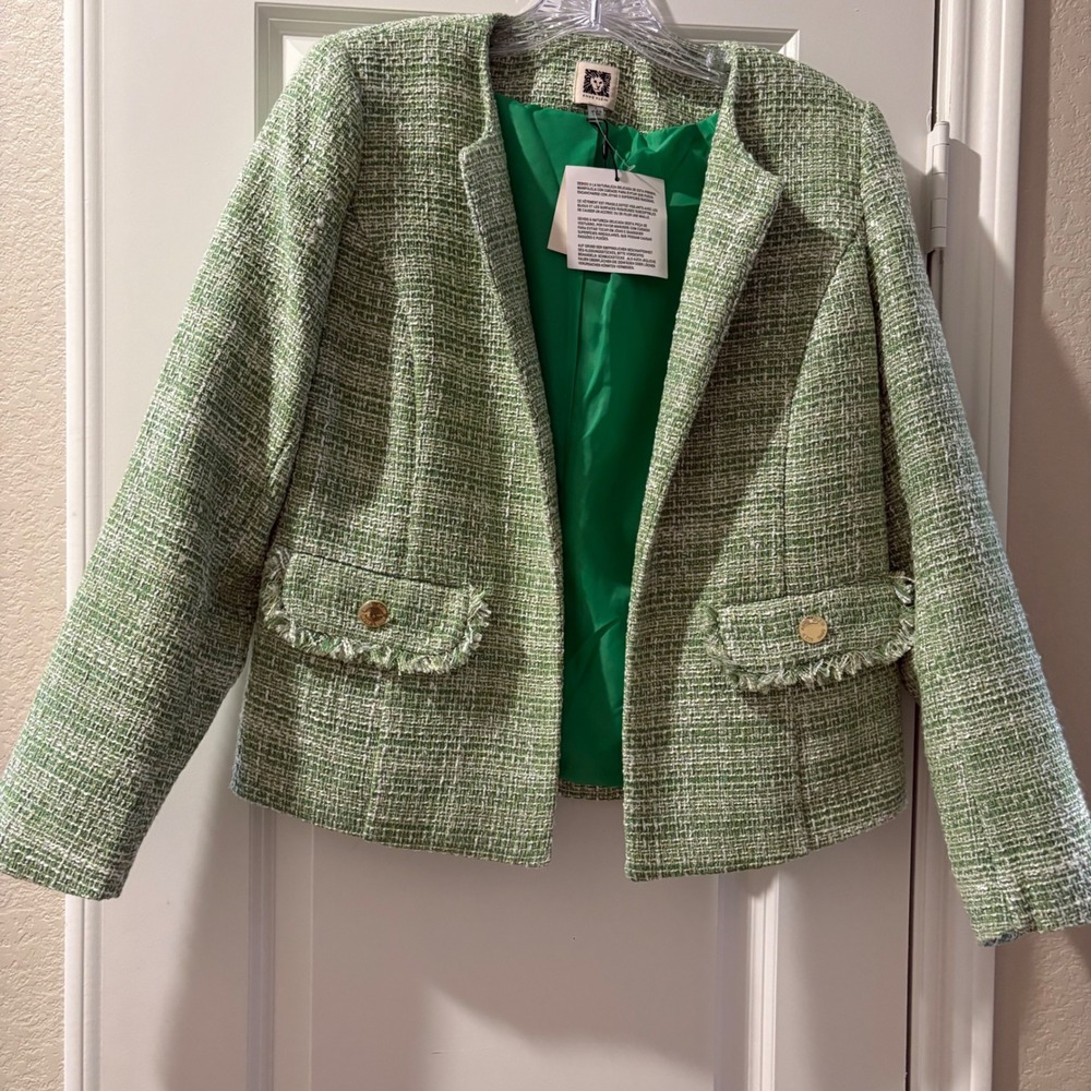 Anne Klein Women's Green Tweed Blazer Jacket Frayed Pockets Career Chic
